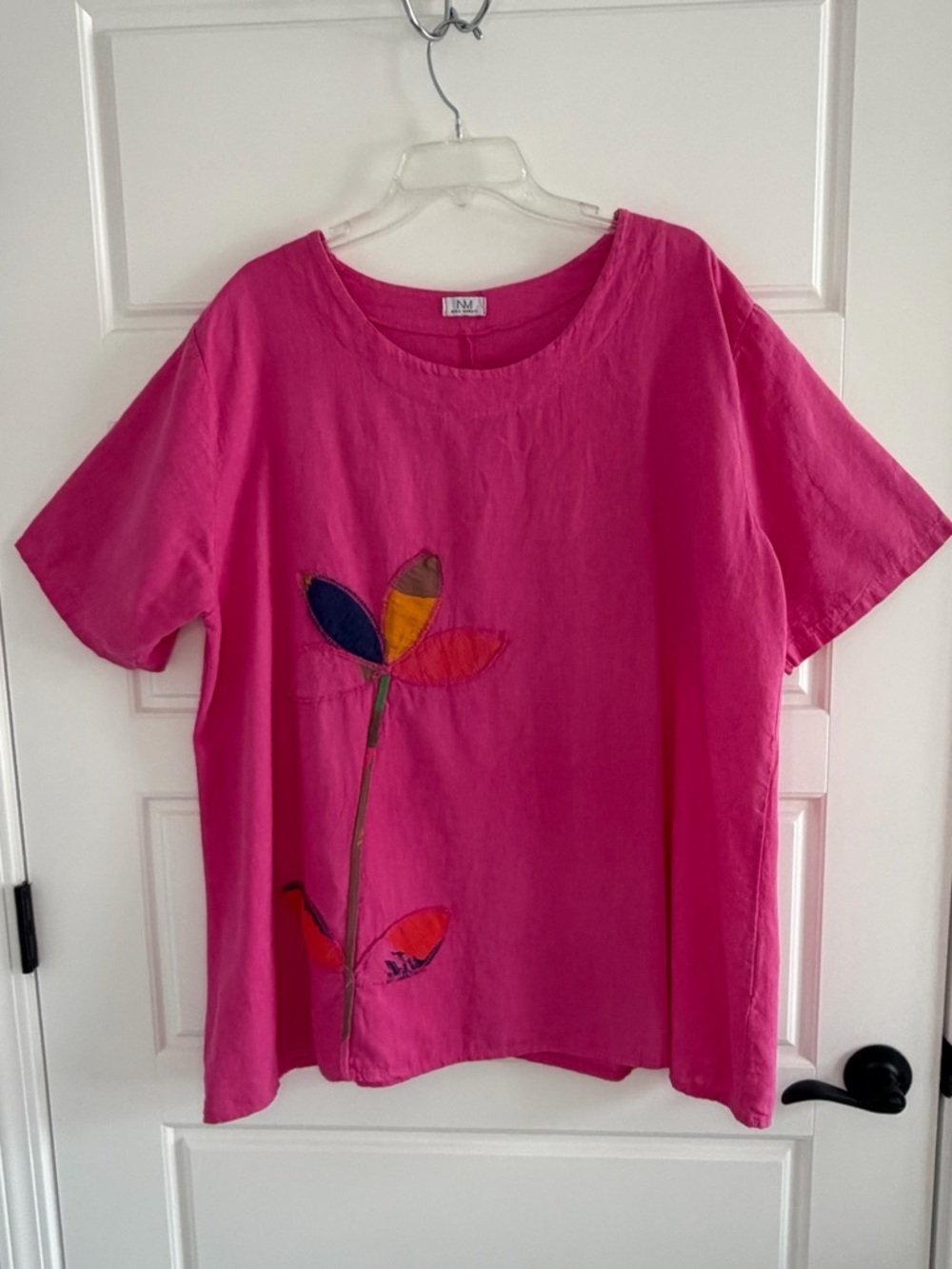 Nina Murati Italy 100% Linen Hot Pink Short Sleeve Boxy Top Flower Applique XXL